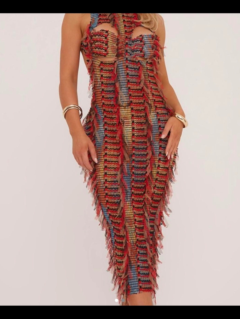 AKIRA Multi-Color Fringe Knit Midi Dress — Red, Blue, Yellow